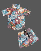 Baby boy playful graphic print short sleeve button-down shirt and matching drawstring shorts set for kids everyday playwear