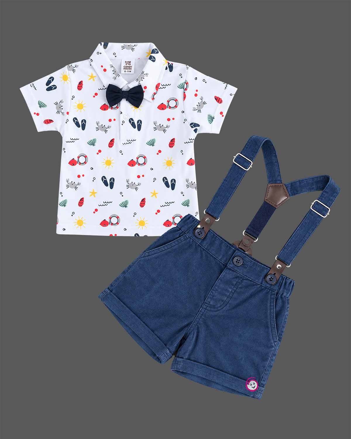 Toddler printed cotton suspender set with bow shirt for party wear