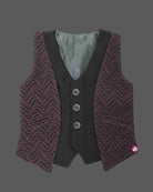 Black and wine purple textured velvet waistcoat suit set with bow for boys