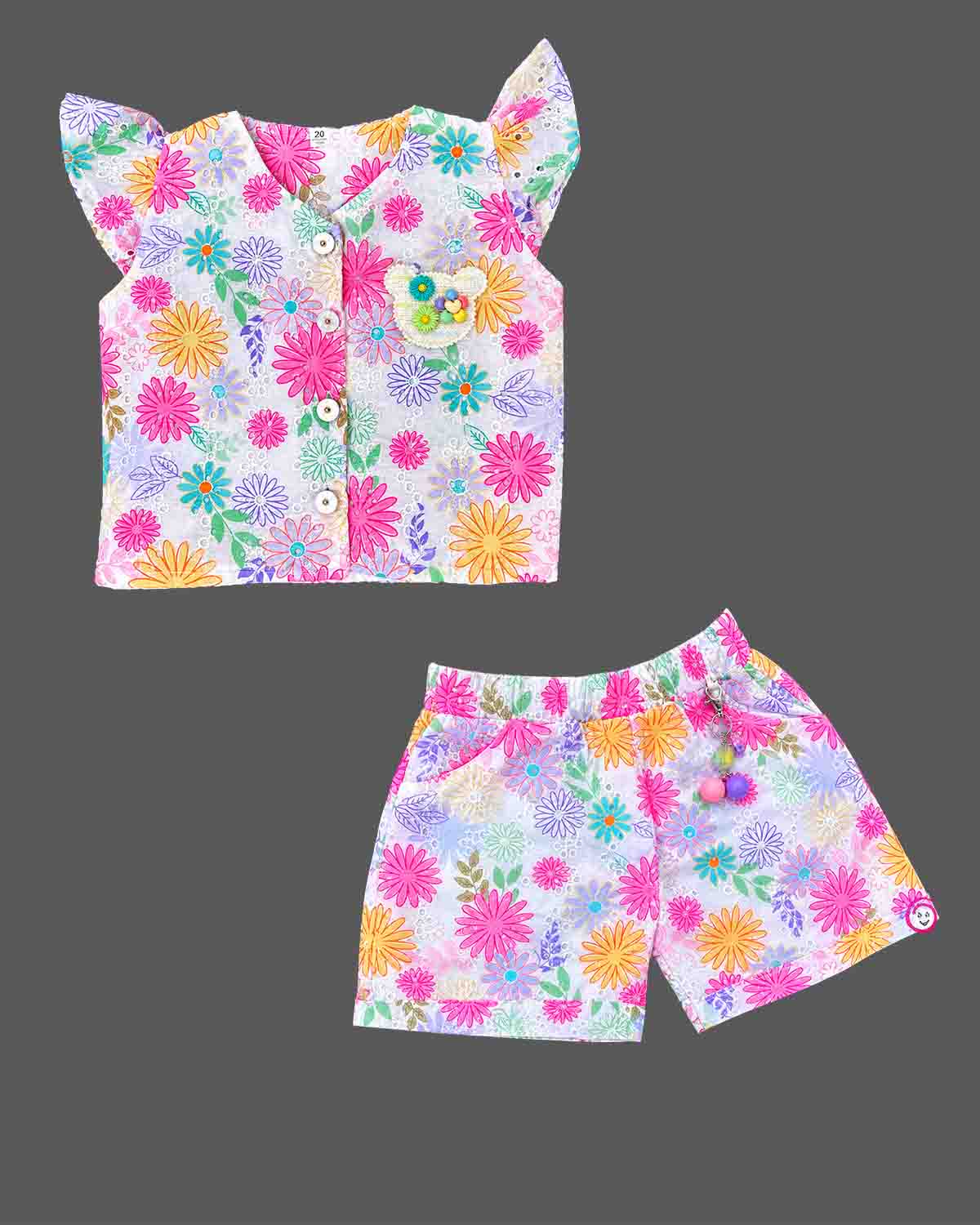 Girls embroidered cotton floral top with flutter sleeves paired with matching elasticated shorts for casual outings