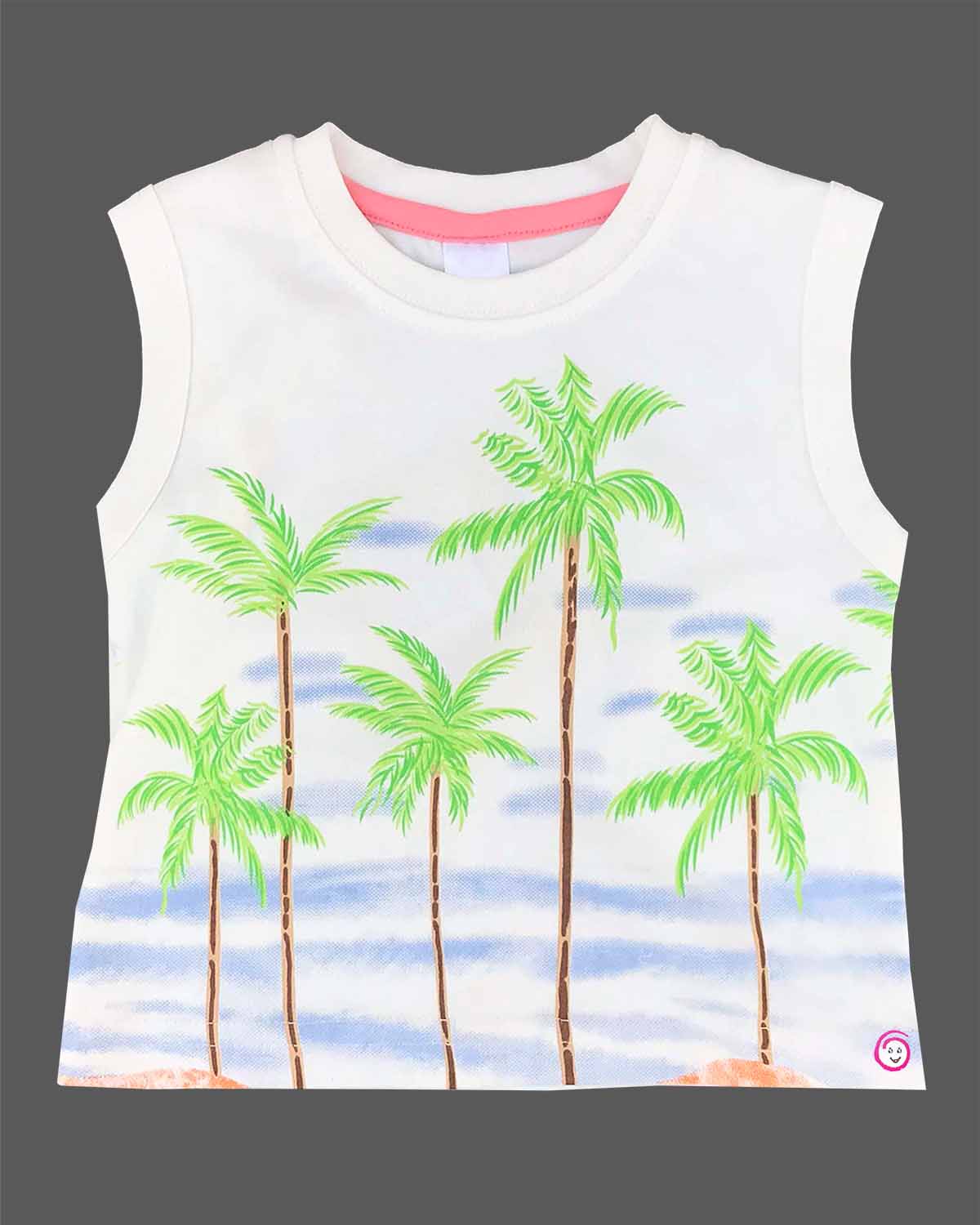 Vibrant tropical beach print muslin open-front shirt and matching shorts set featuring palm trees and surfer motifs for baby boys and toddler summer vacation wear
