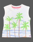 Vibrant tropical beach print muslin open-front shirt and matching shorts set featuring palm trees and surfer motifs for baby boys and toddler summer vacation wear