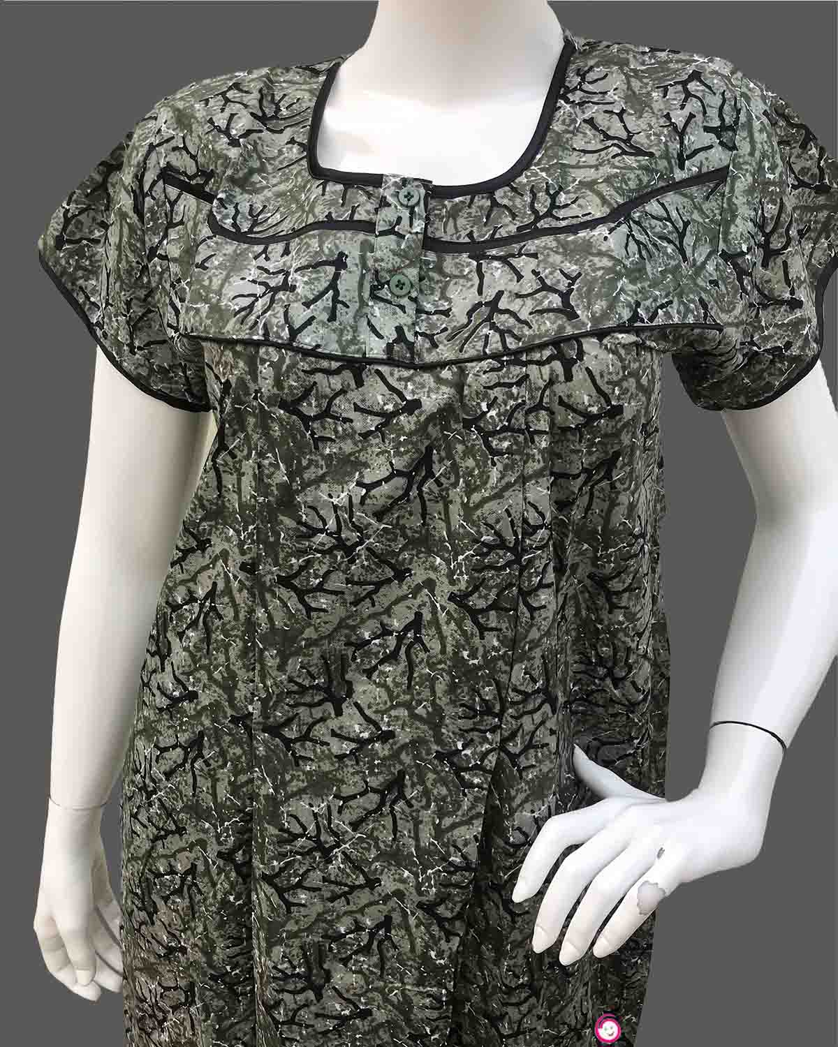 Maternity overall printed half sleeve nighty with zip - Dark Green