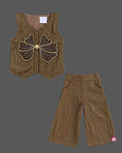 Sleeveless textured top with butterfly applique and wide leg trousers, ideal baby party wear dress for girls.