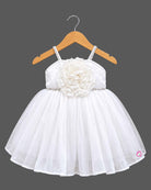 Flared netting baby party wear dress with oversized bodice rosette, matching bow headband, and soft booties.