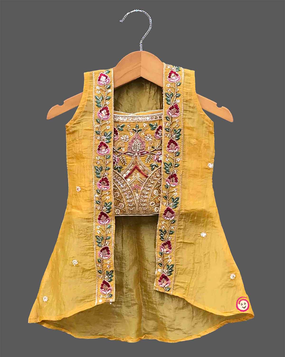 Kids silk embroidered sleeveless choli top matching jacket and pleated flared lehenga skirt set