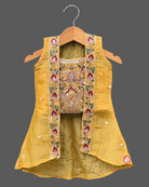 Kids silk embroidered sleeveless choli top matching jacket and pleated flared lehenga skirt set