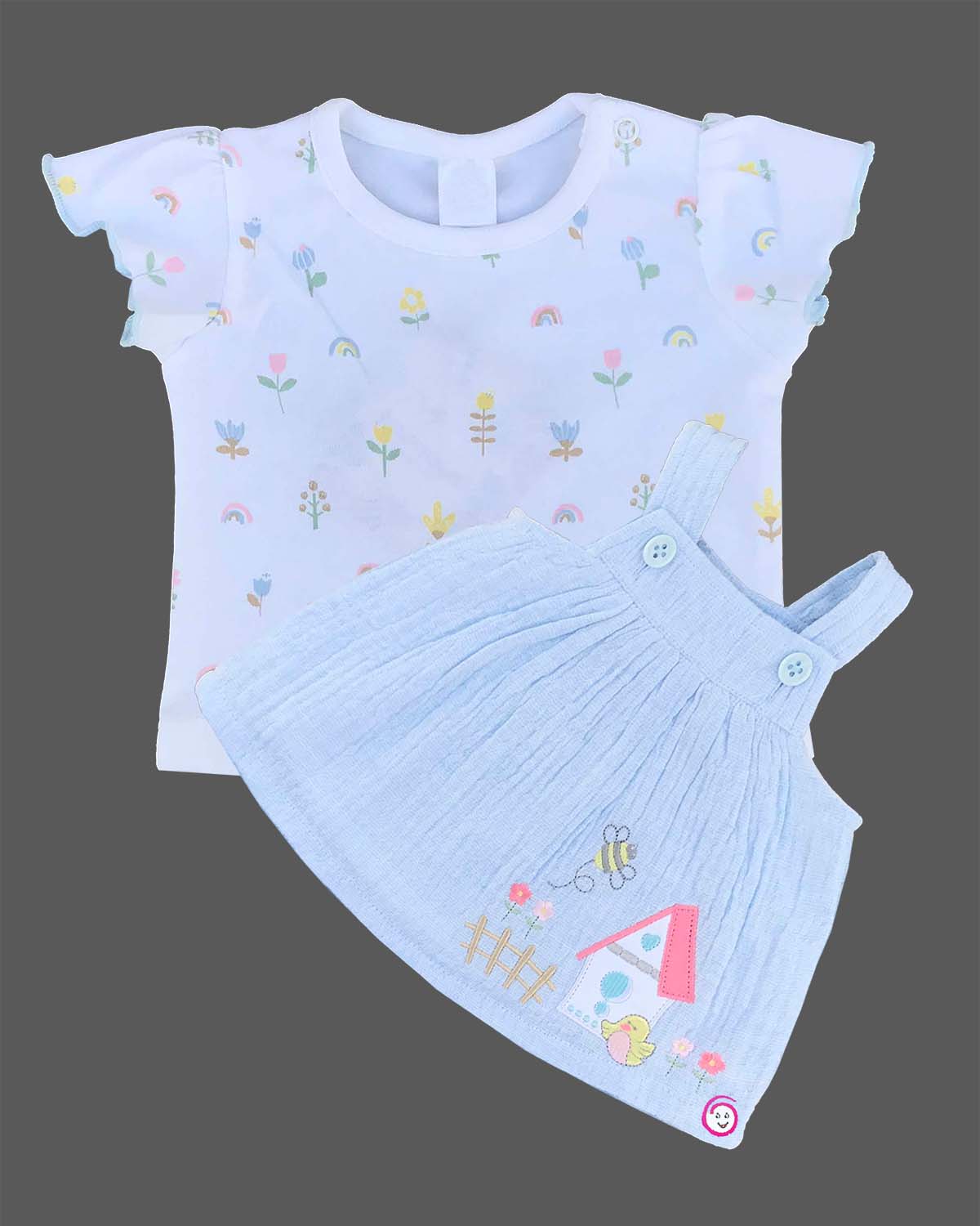 White pastel floral print frill sleeve t-shirt and sky blue house embroidered Candy House girls Muslin and knitted cotton pinafore frock dress set for birthday parties and casual playtime wear
