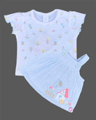 White pastel floral print frill sleeve t-shirt and sky blue house embroidered Candy House girls Muslin and knitted cotton pinafore frock dress set for birthday parties and casual playtime wear