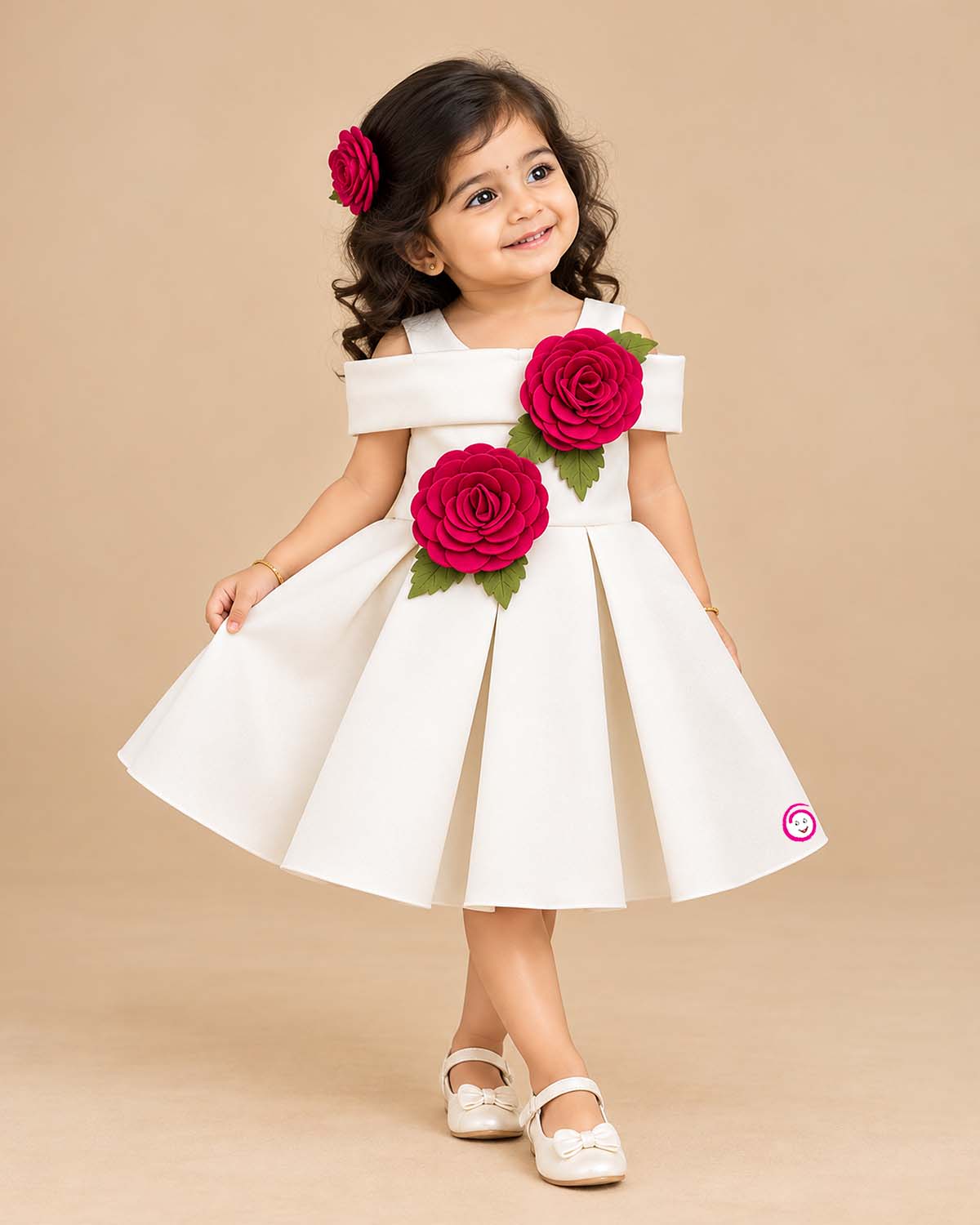 Girls cold shoulder pleated satin frock with 3D floral appliques and flared skirt for party wear.