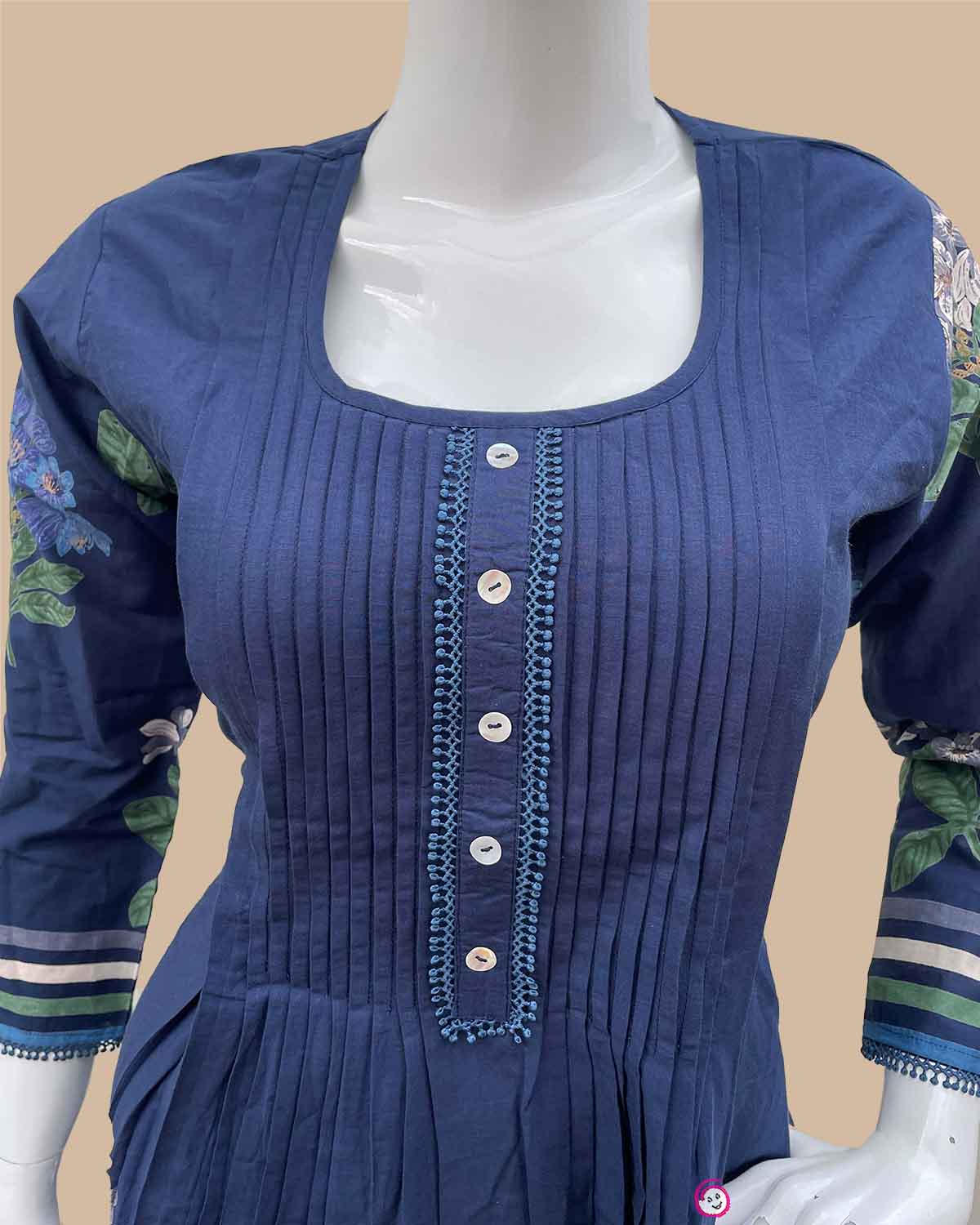 Maternity printed cotton nursing kurta with front pintucks and three-quarter sleeves