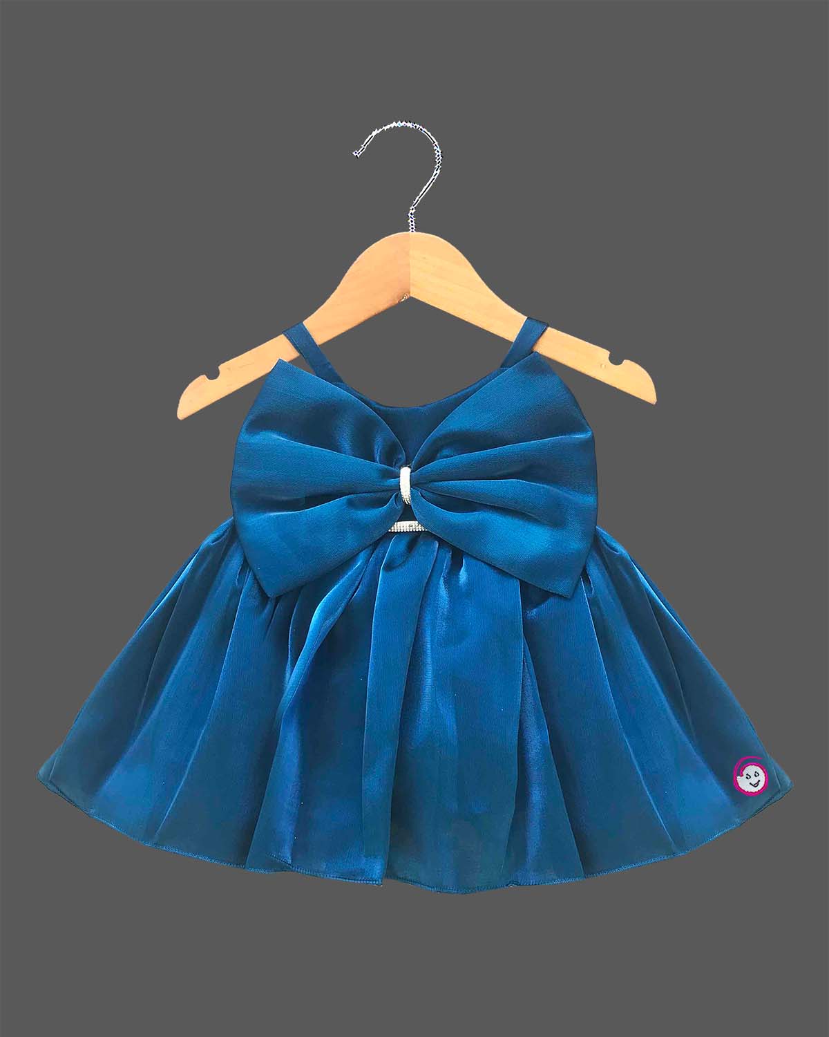 Peacock blue satin bow party frock for girls with shoulder straps