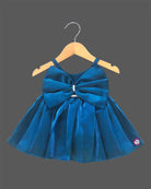 Peacock blue satin bow party frock for girls with shoulder straps