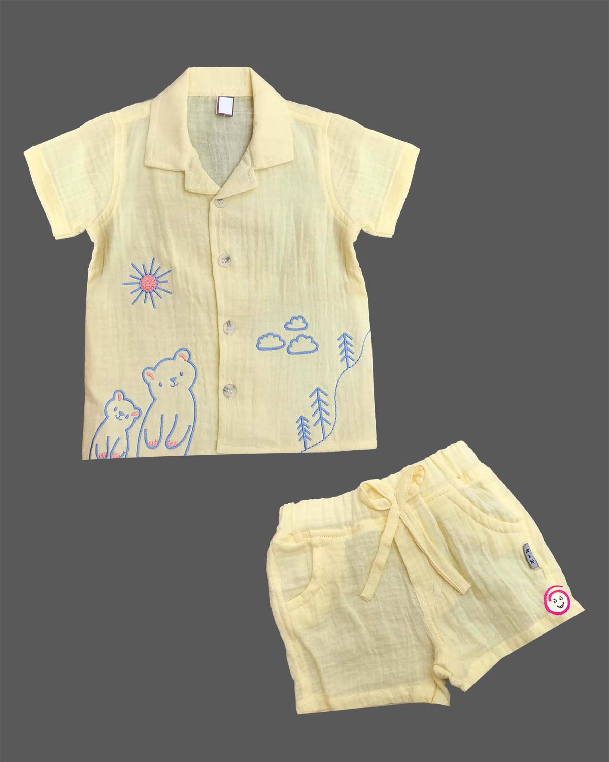 Yellow embroidered muslin cotton boys top and shorts set for summer vacations, playdates, and park outings