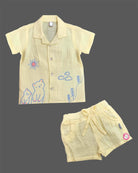 Yellow embroidered muslin cotton boys top and shorts set for summer vacations, playdates, and park outings