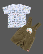 Boys dungaree set featuring short sleeve car print tee and olive dungaree shorts