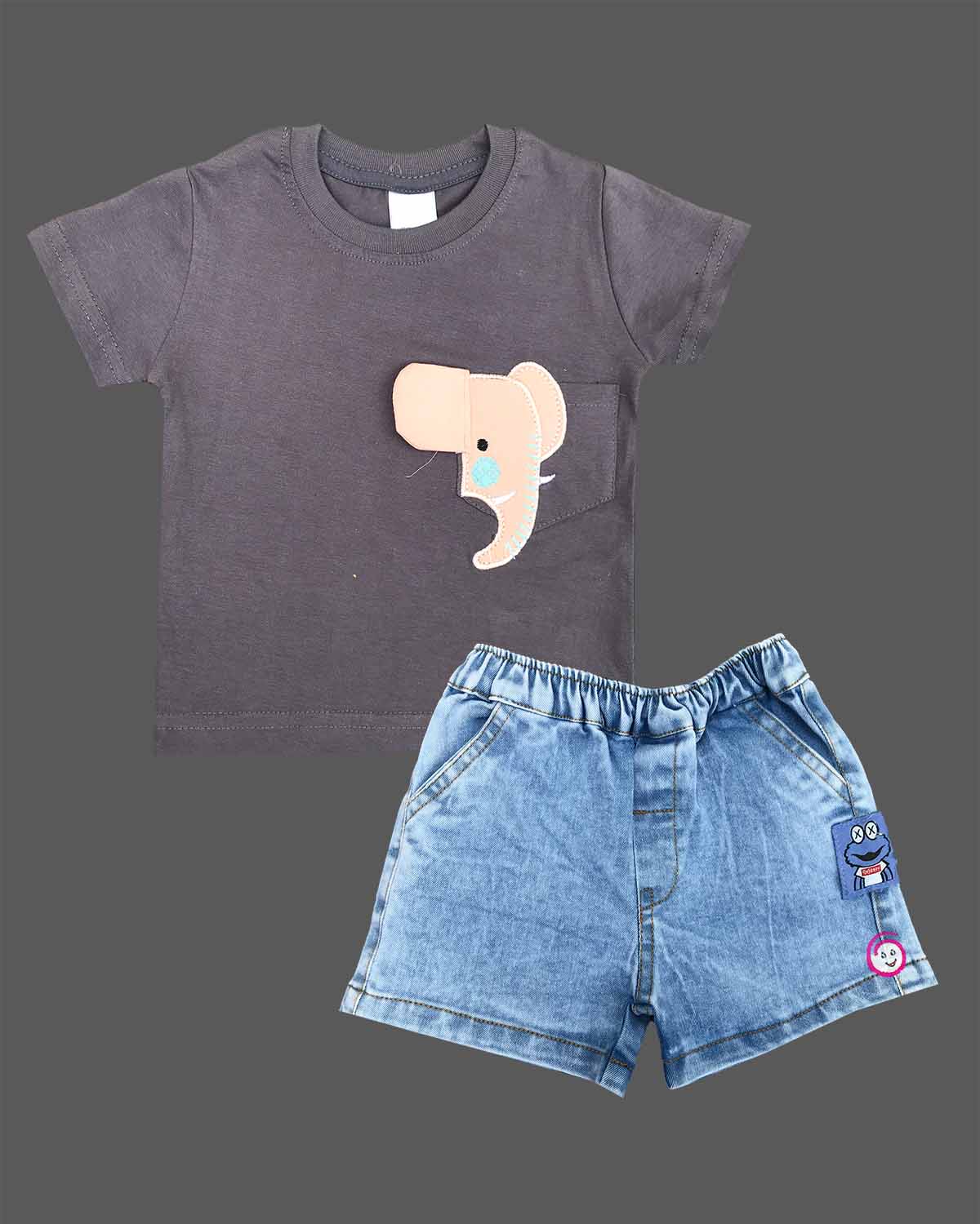 Charcoal grey t-shirt with 3D elephant patch and light wash blue denim elasticated shorts baby boy top and shorts set for summer vacations, playdates, and park outings