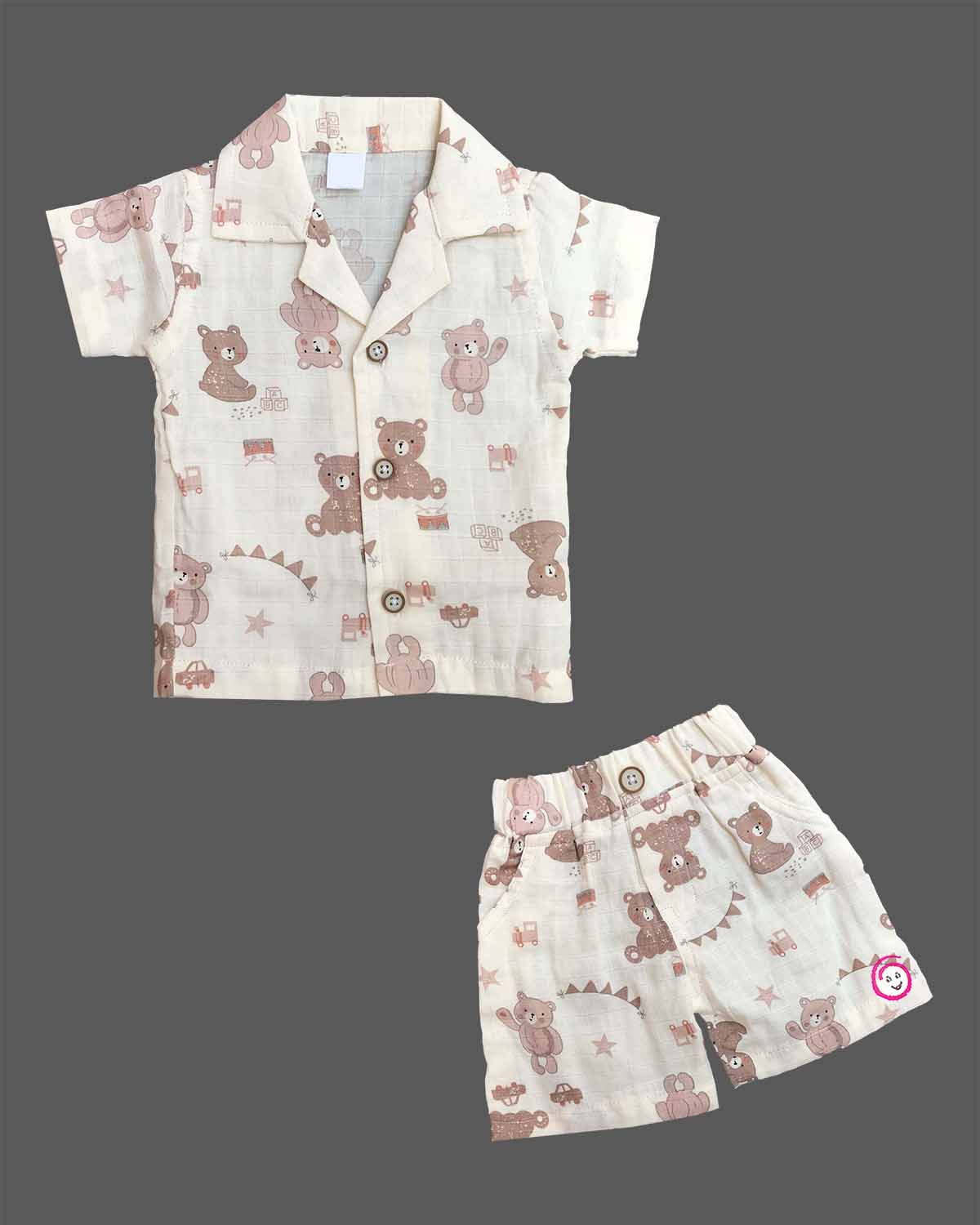 Cream teddy bear printed muslin cotton boys top and shorts set for summer vacations, playdates, and park outings