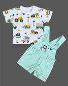 Baby boys printed t-shirt and light green short dungaree set with excavator graphic