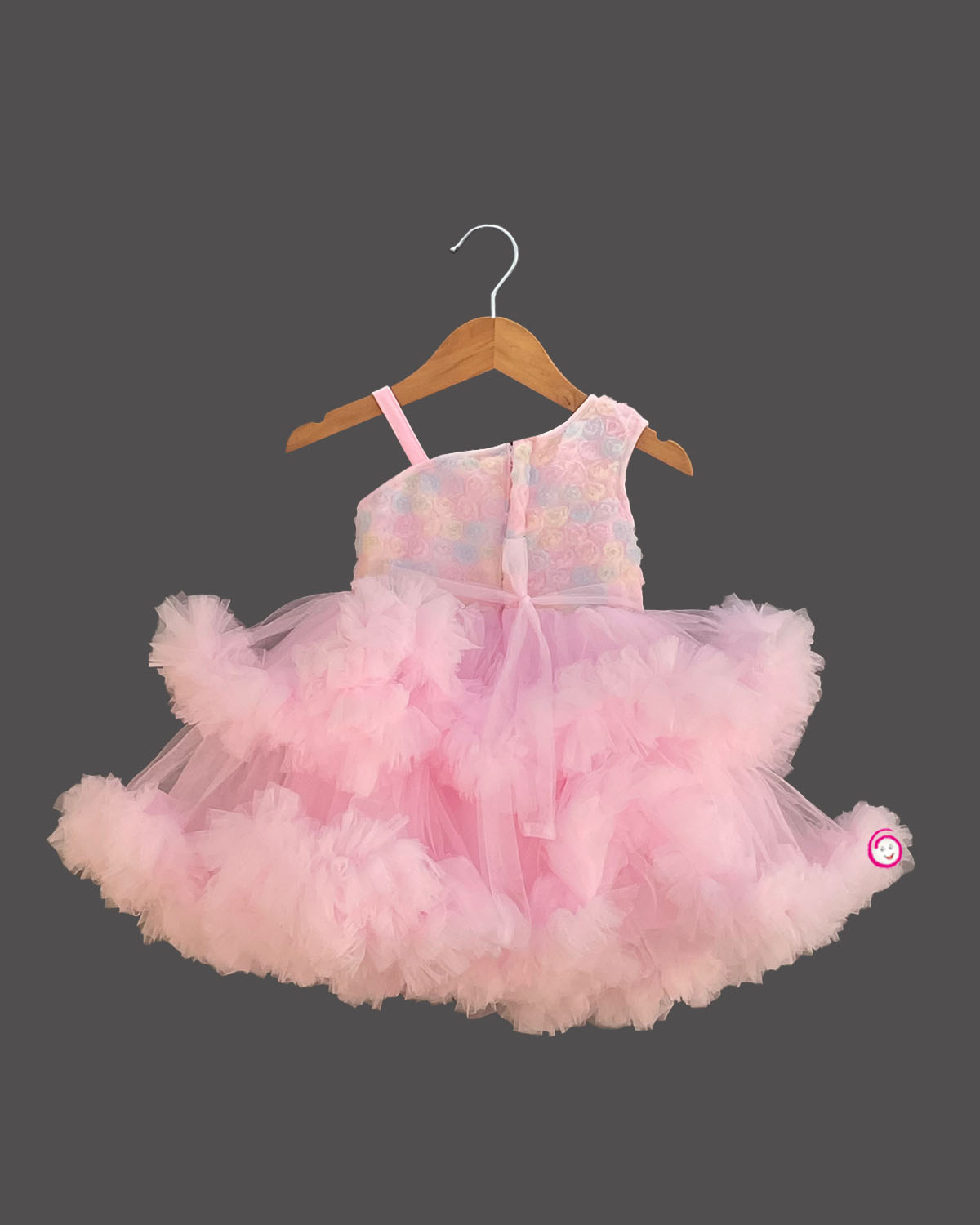 Girls applique ruffled elegant frock - Baby Pink