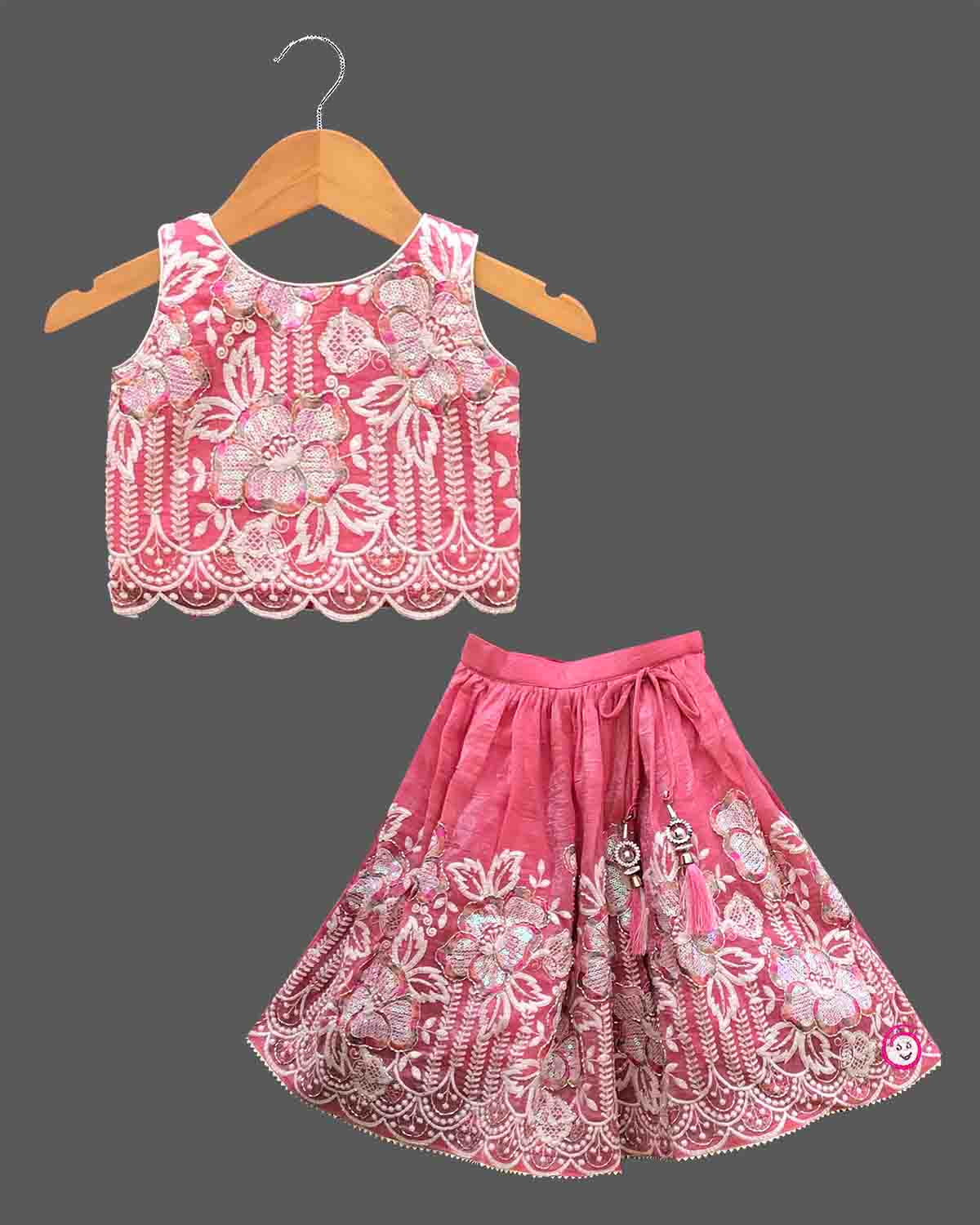 Baby girls sequin embroidered scalloped choli top with matching flared lehenga skirt and dupatta set