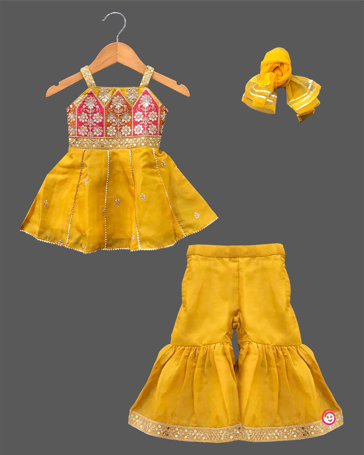 Toddler girls traditional embroidered silk short kurti flared sharara bottom set for festive wear