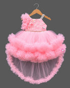 Tiered party frocks for baby girl featuring asymmetrical shoulder frills and sequin embroidery.