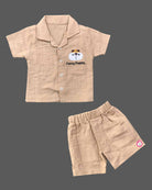 Beige textured cotton button-down top and shorts set with puppy embroidery baby boy top and shorts set for summer vacations, playdates, and park outings