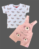 Playful young prince koala head printed short sleeve t-shirt with 3D animal applique bib shorts
