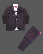 Boys deep formal tuxedo blazer with sequin embellishments, satin, bow tie, paired with elastic waist formal pant