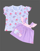 Lavender purple baby girl pinafore dress with I Love Mom elephant embroidery and pink frill sleeve elephant print top