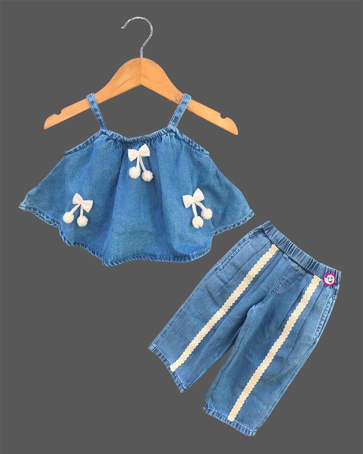 Baby Girl Denim Top Set with Bows and Lace Detailing for Kids Western Wear