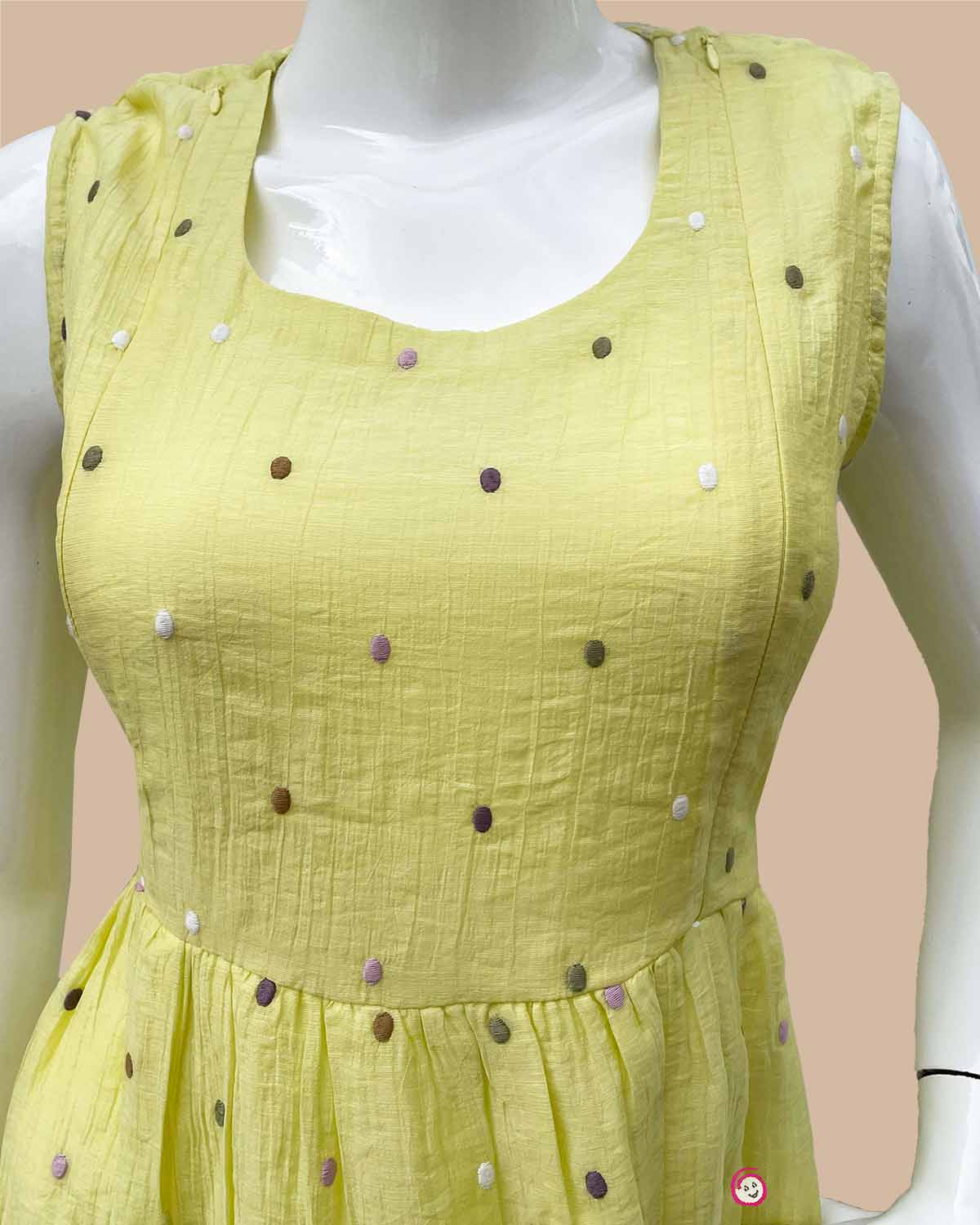 Maternity cotton sleeveless nursing dress with foil print dots and tiered hem