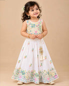 Hand-embroidered lehenga choli for kids with sleeveless choli, flared skirt, and dupatta.