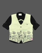 Charming icon botanical sketch printed waistcoat suit set with shirt Pant and bow tie for boys