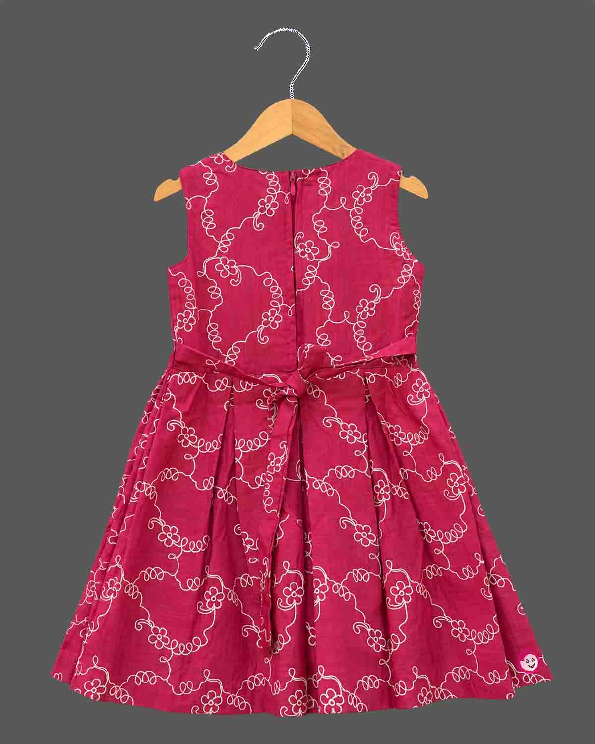 Girls magenta pink embroidered casual frock with beige jacket for birthday party