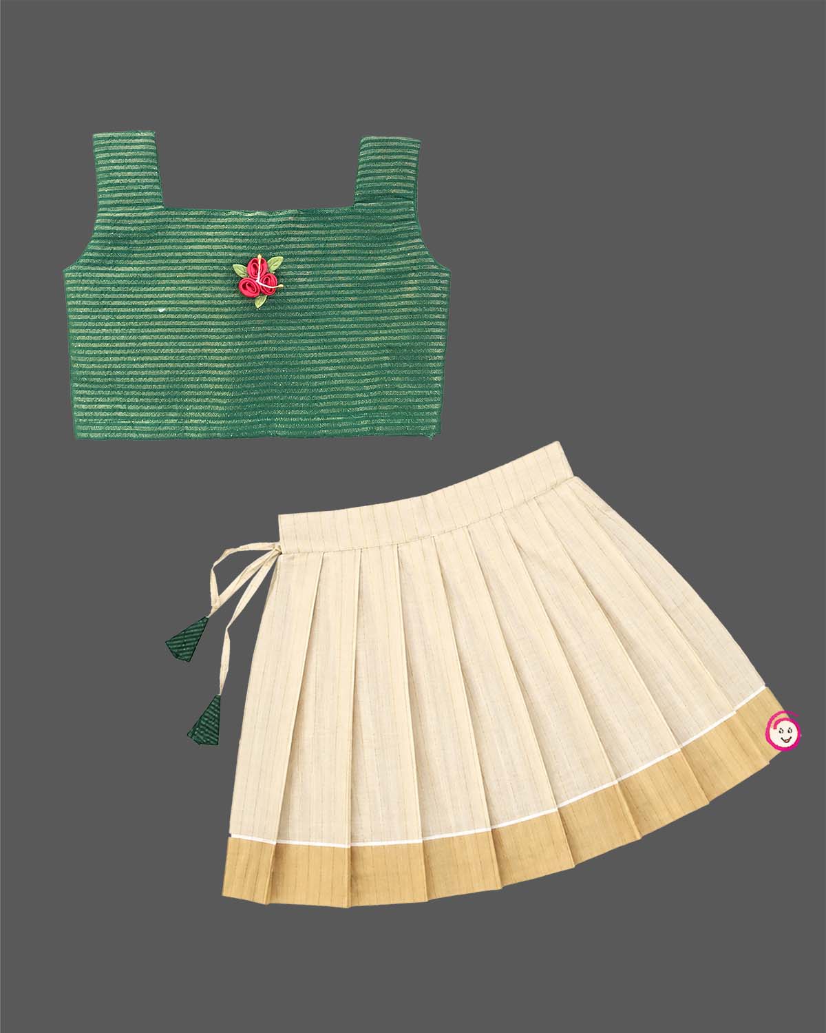 Young fashionista wearing traditional Kasavu pattu pavadai choli set with flower applique detail