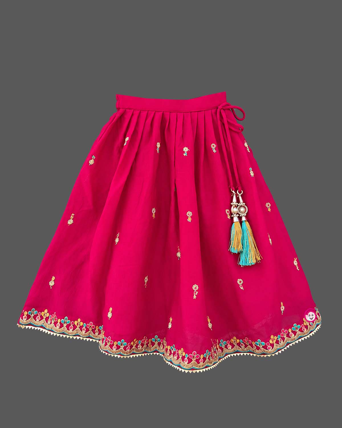 Embroidered V-neck lehenga choli for kids set featuring intricate threadwork, pleated skirt, and sheer dupatta