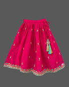 Embroidered V-neck lehenga choli for kids set featuring intricate threadwork, pleated skirt, and sheer dupatta