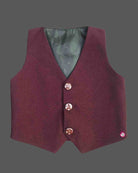 Maroon formal suit for little boys featuring a blazer with black and silver sequin details, a grey collar accent, white shirt, black tie, and matching maroon pant against a grey background.