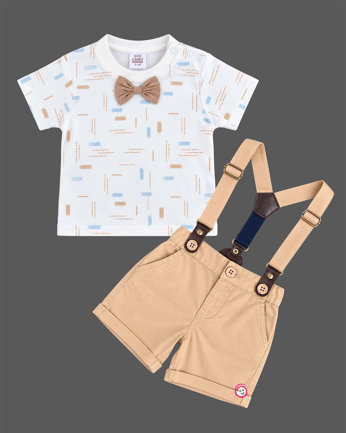 Little gentleman abstract printed suspender set with bow t-shirt for party wear
