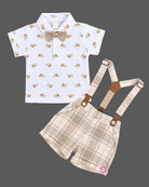 Boys suspender set with animal print polo shirt bow tie and checked shorts