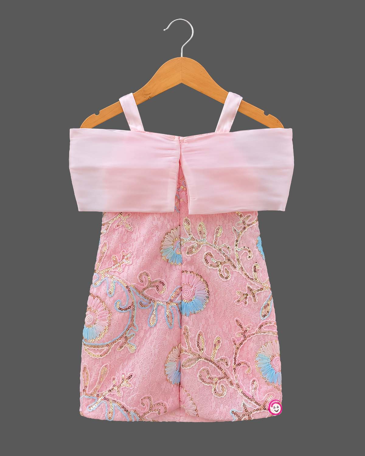 Embroidered baby party wear dress with off-shoulder rosette design and sequined floral lace.