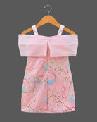 Embroidered baby party wear dress with off-shoulder rosette design and sequined floral lace.