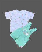 Mint green unisex premium corduroy baby dungaree set with Over The Moon rocket embroidery and white planet print short sleeve t-shirt