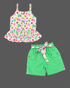 Girls floral peplum camisole top with front buttons and elasticated waist shorts featuring utility pockets.