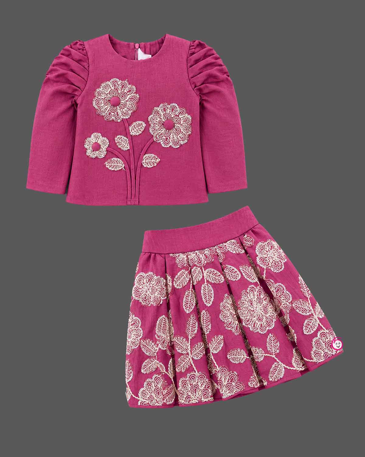 Toddler girl pleated skirt set with floral embroidery and long sleeves for festive wear