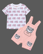 Infant boy dungaree set featuring playful bear applique and short sleeve t-shirt