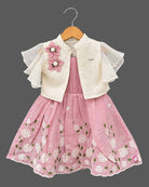 Toddler girl party wear dress featuring embroidered floral details and flared mesh shrug sleeves
