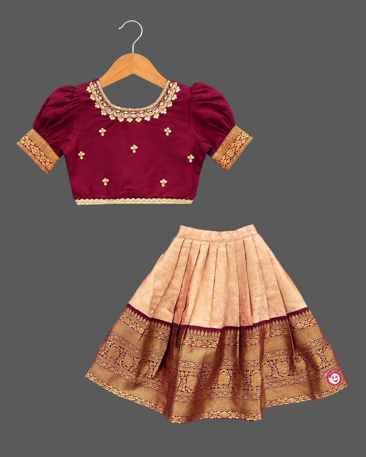 Pattu langa for kids with puff sleeve kundan neck choli, pleated zari border skirt and organza dupatta